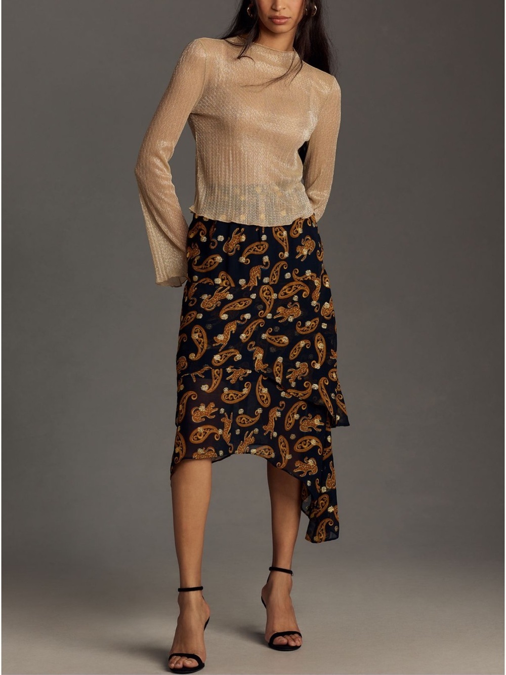 Anthropologie Farm Rio Asymmetrical Tiered Midi Skirt Leopard Navy Blue Sz L NEW